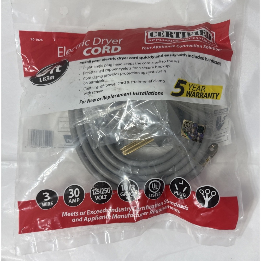 Certified Appliance Accessories 90-1024 Electric‎ Dryer Cord Gray 6ft New